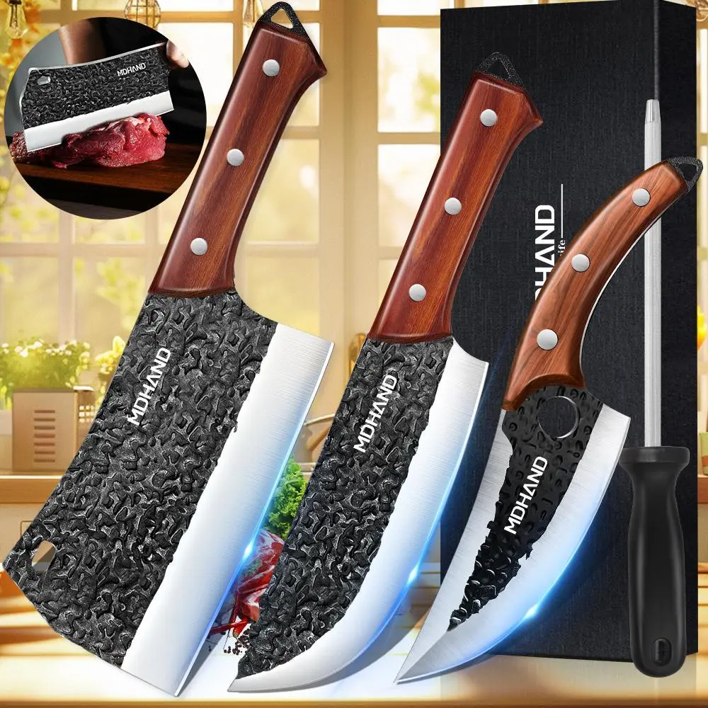 MDHAND 4PCS Kitchen Chef Knife Set, Hand-Forged Serbian Knife Set - Includes Cleaver, Boning, Viking Knives with Sheaths, Gift Box for Home Cooking, Camping, Outdoor BBQ, Best Gift #DealsForYouDays