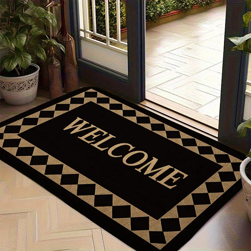Classic Welcome Door Mat Geometric Argyle Border Doormat Non Slip Entrance Rug Elegant Black Gold Carpet Modern Home Decor Inside Outside Front Door Porch Floor Foot Mat 40x60cm