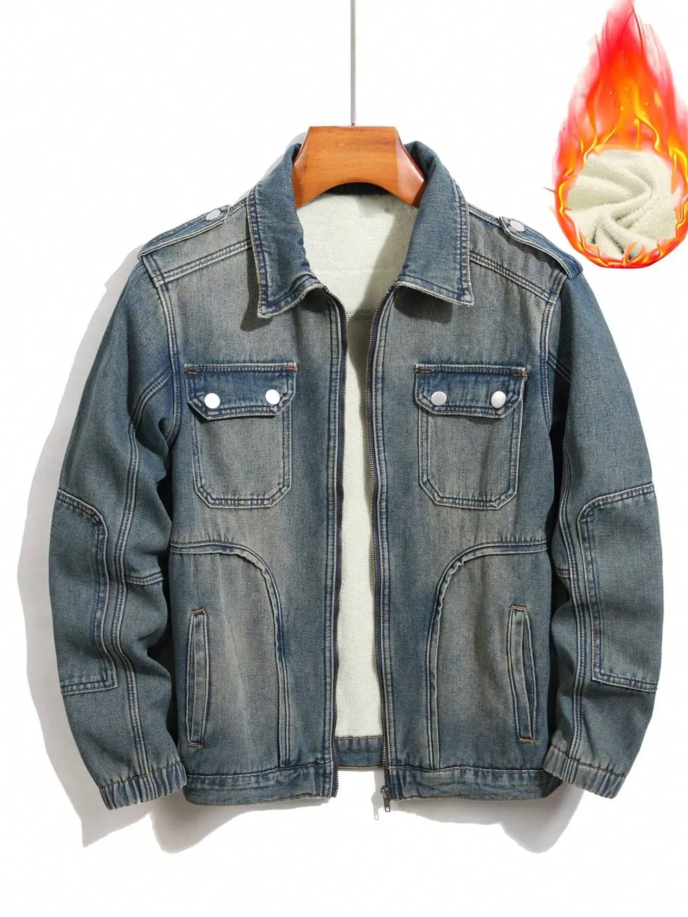 Men's Fall Winter Denim Jacket, Vintage Workwear Style, Regular Fit, Distressed Wash, Zipper Pockets, Fleece Lining, Comfortable Outdoor Wear