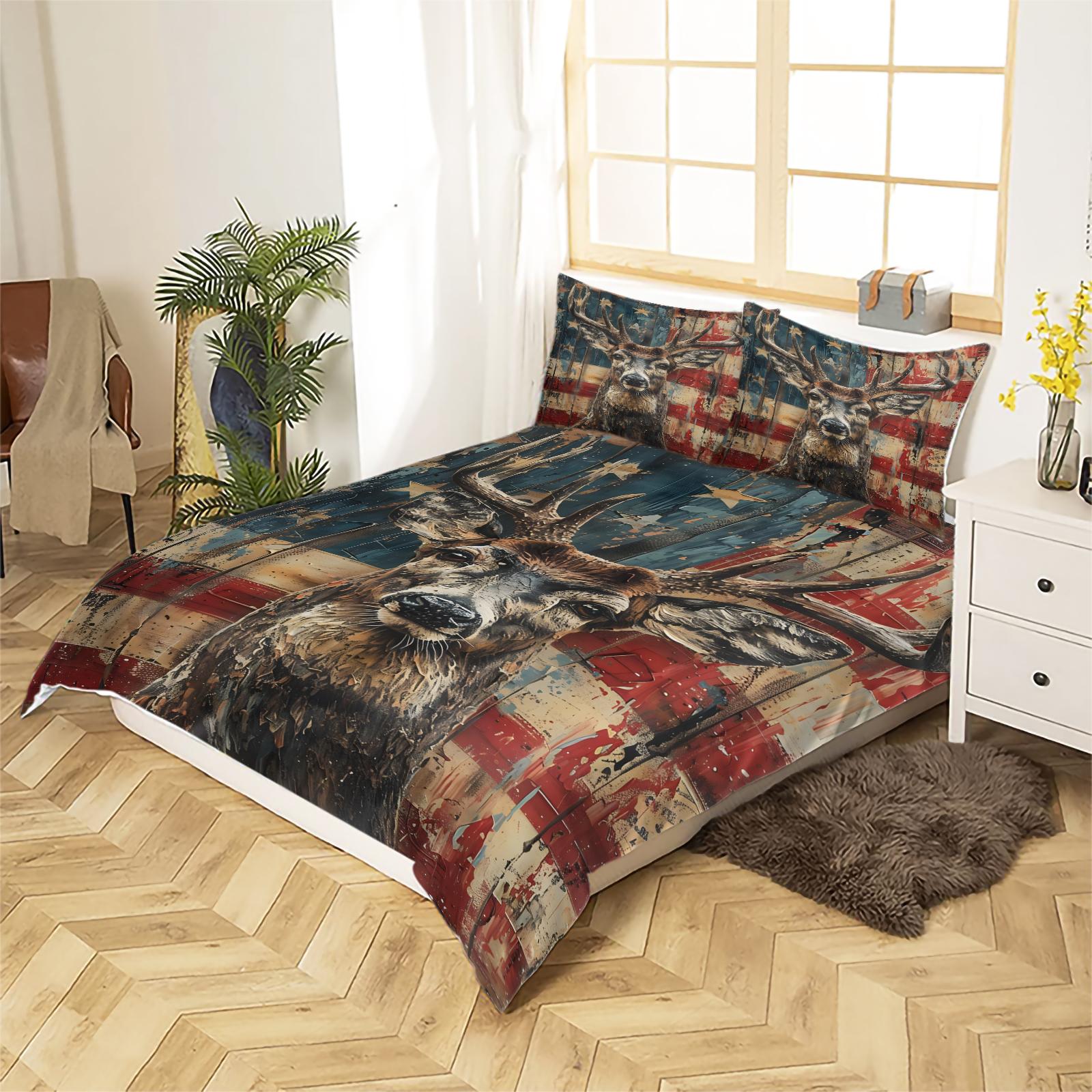 Deer & Flag Pattern Bedding Set, 1 Count Bedspread & Pillowcase without Filler, Soft Comfortable Bedding Set for Home Bedroom