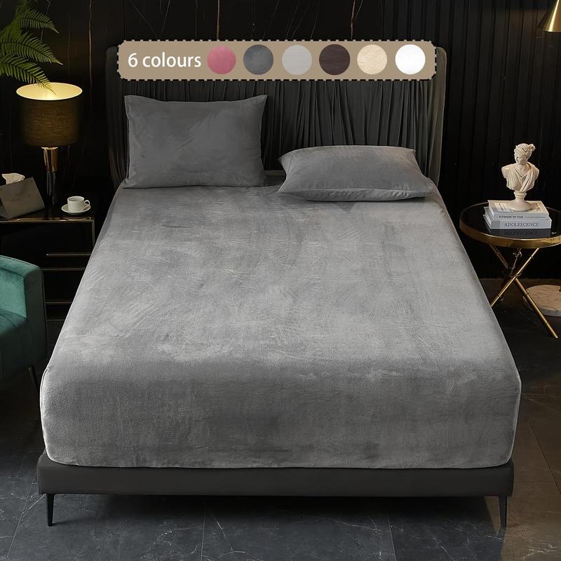 Solid Color Fitted Sheet and Pillowcase Set, 3 pcs/set Including 1 Plush Fitted Sheet and 2 Pillowcases without Filler, Soft Bedding Set