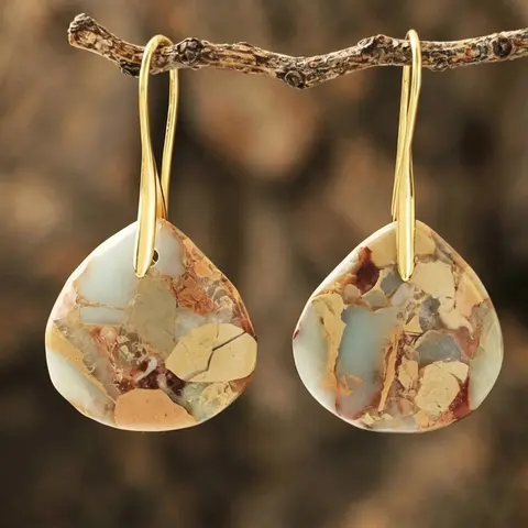Bohemian Ethnic Style Round Teardrop Natural Stone Earrings for Women, Retro Casual Party Vacation Unique Earrings, Random Pattern, Teardrop Dangle Earrings, Dangly Earrings, Earrings Dangling