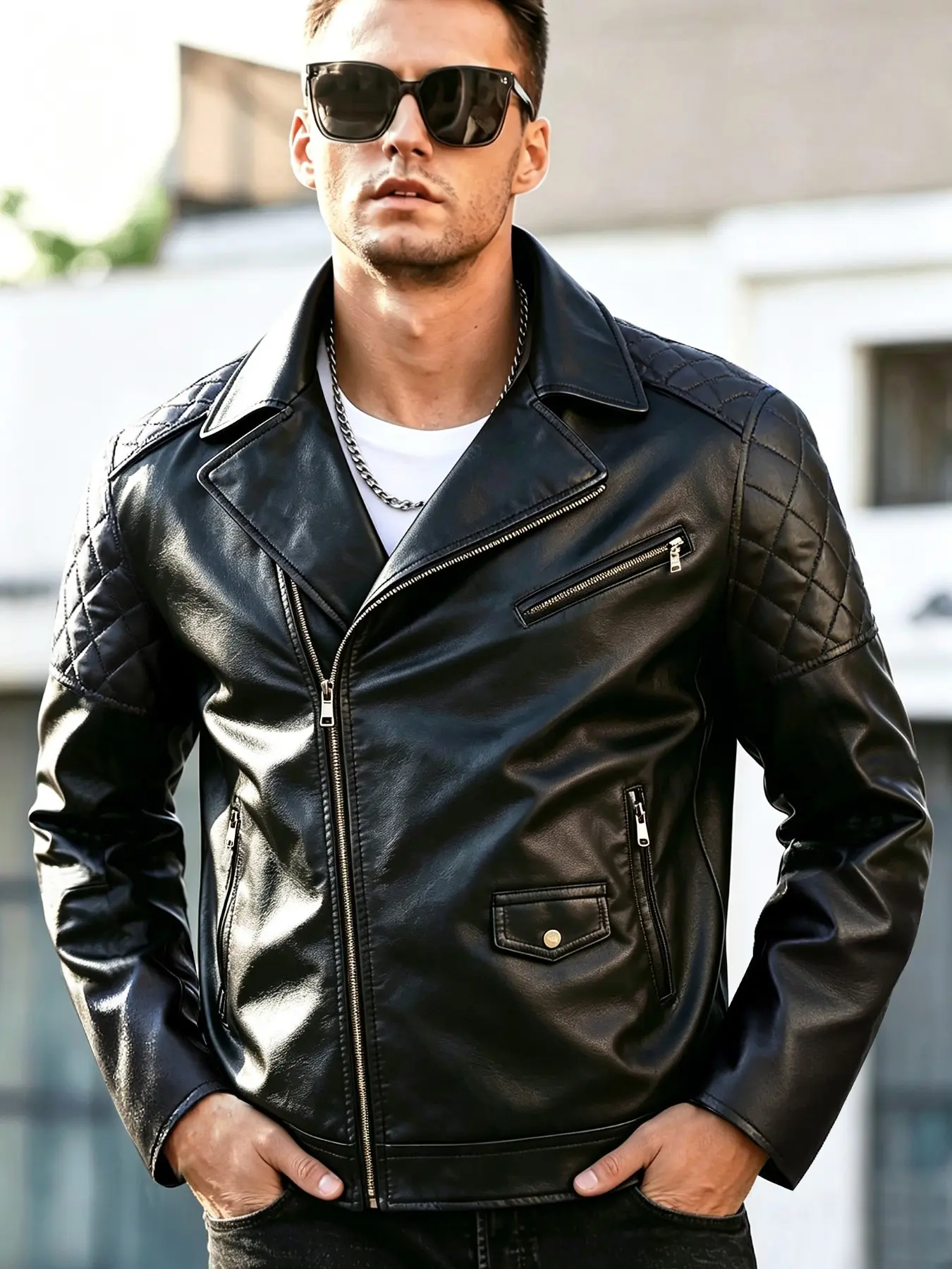 Autumn winter men's motorcycle leather jacket, diagonal zipper leather jacket, lapel PU jacket, quilted patchwork leather jacket, cycling motorcycle suit, slim fit leather jacket, American street cool  trendy men's top, multi pocket Flight jacket