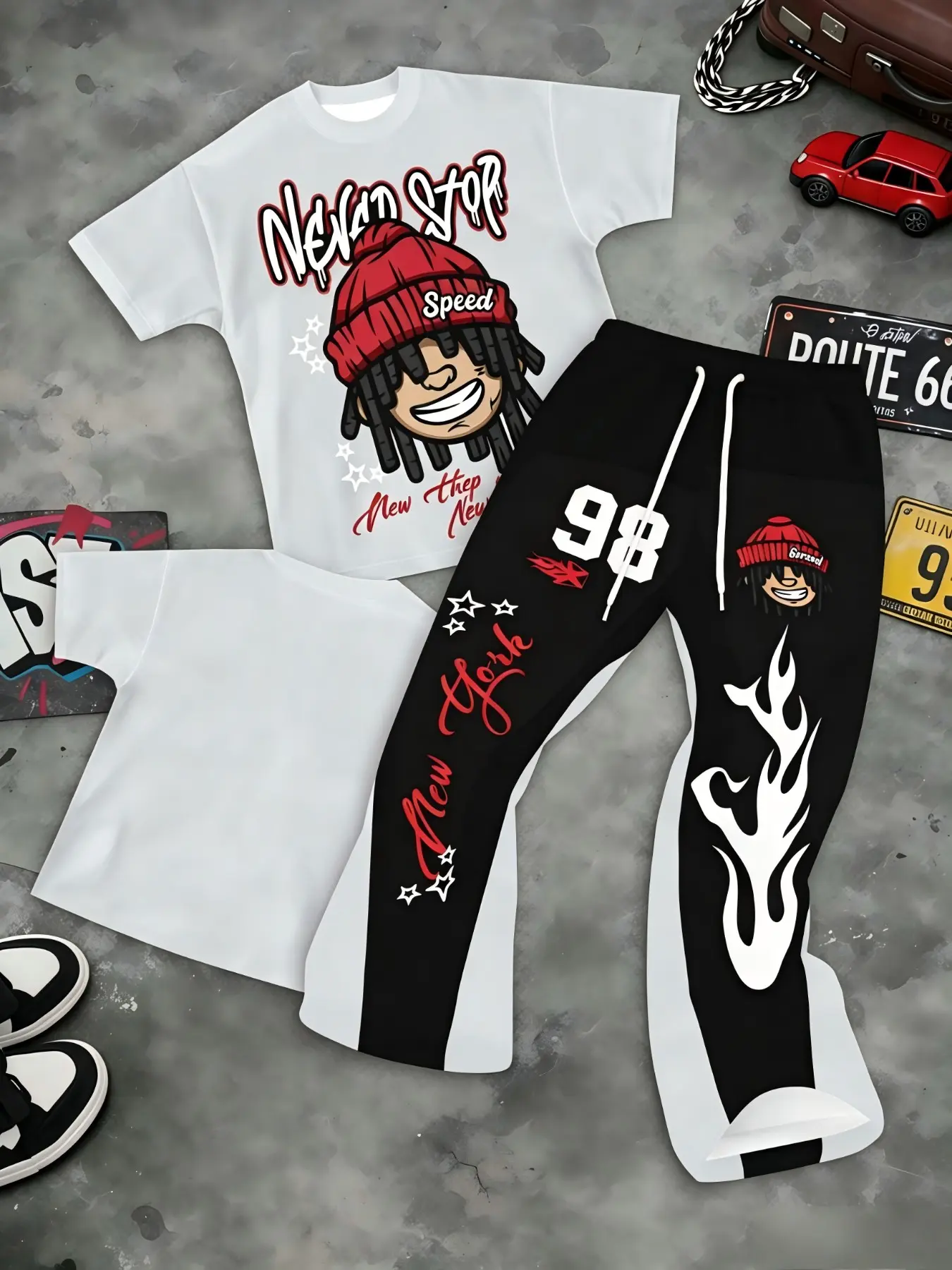 New York Cursive Star Full Print Split Flare Pant Matching Outfit, Elastic Smooth Gentle Wearable Streetwear Set Tee, Ideal For Daily City Stroll Skate Park Holiday Casual Look