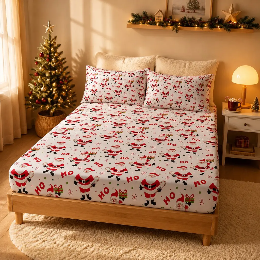 3-Piece Christmas-Themed Bed Sheet Set, & Santa Print, Polyester, King Size, Includes 1 Duvet Cover + 2 Pillowcases