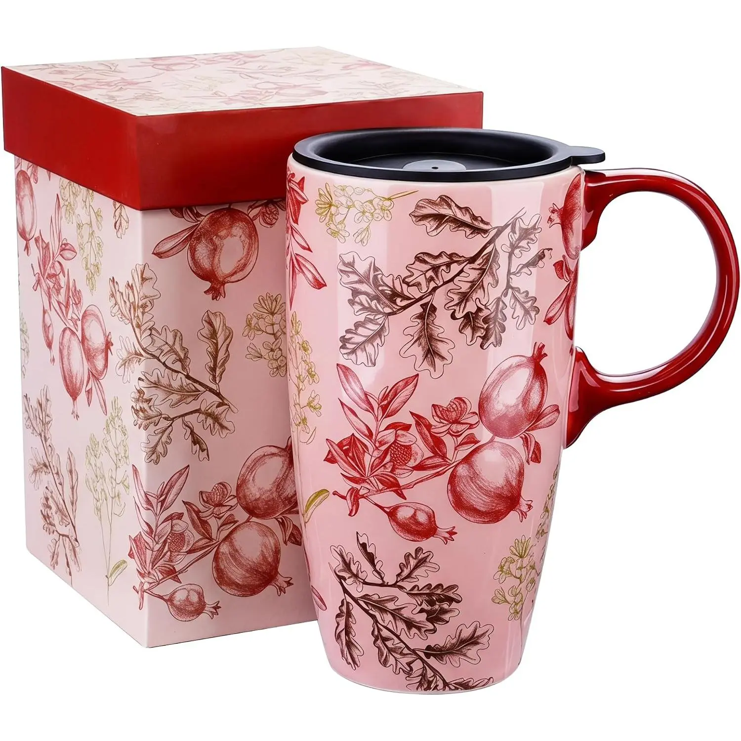 17oz Ceramic Travel Mug with Lid, Pomegranate & Oak Leaf Art | Large Ceramic Coffee Mug, Microwave & Dishwasher Safe, Coffee Cup with  Box for  Latte Hot