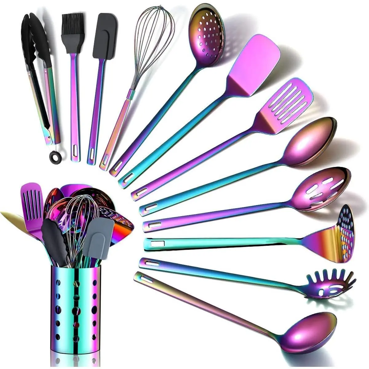 Rainbow Kitchen Utensils Set,13 Pieces Stainless Steel Cooking Utensils Set With Titanium Rainbow ,Kitchen Tools Set With Utensil Holder For Non-Stick Cookware Dishwasher Safe (13 Packs)