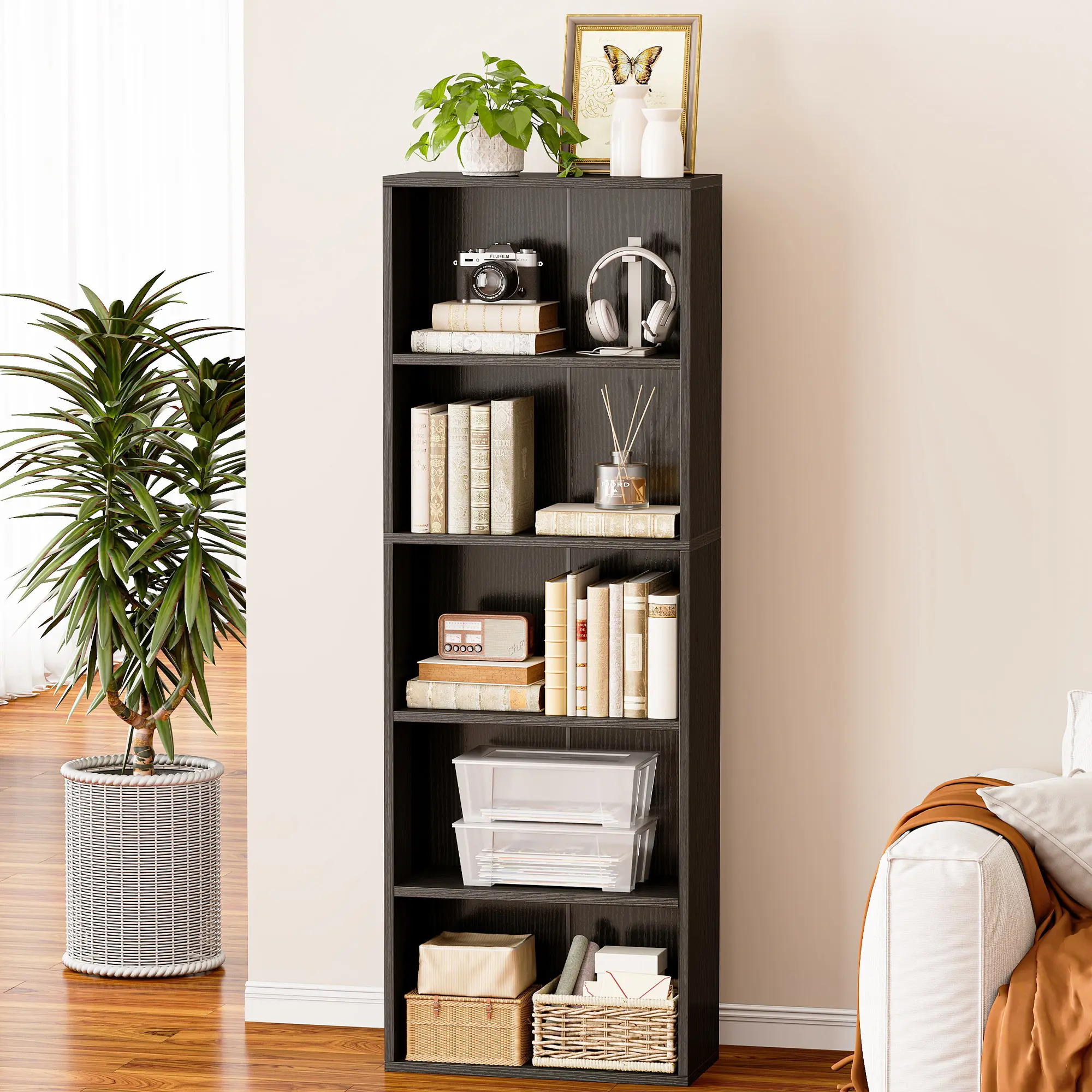 AODK 5-Tier Tall Bookcase with Open Display Shelves, Space-Saving Storage Shelf for Living Room, Bedroom & Home Office, Black