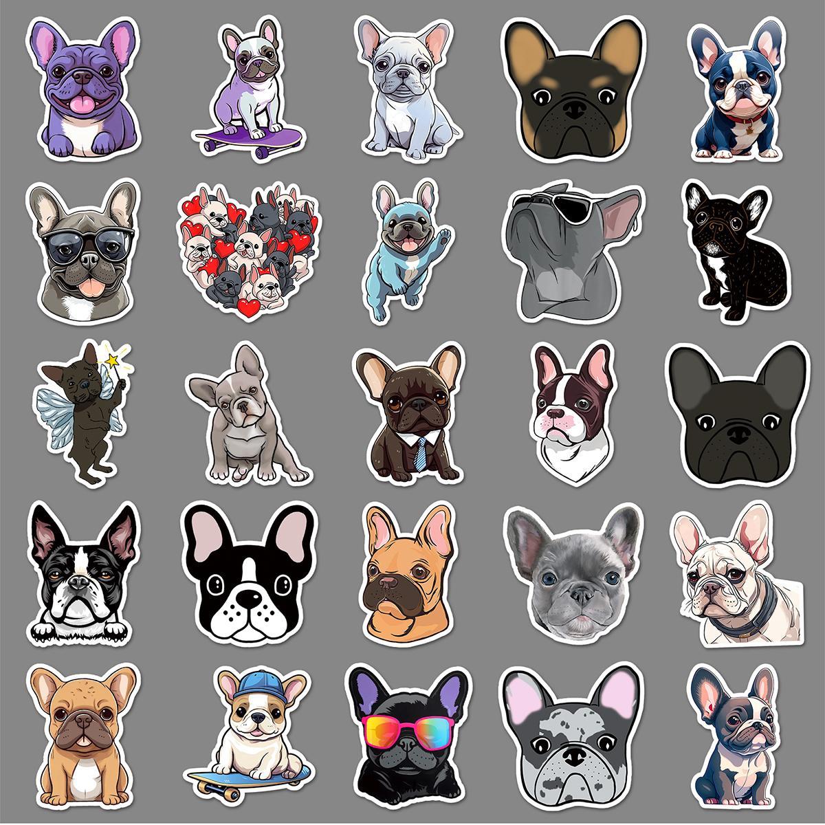 Cartoon French Dog Pattern Sticker, 50pcs Waterproof Self Adhesive Decor Paper, Decor Sticker for Gift Greeting Card Water Bottle Laptop Phone, Funny Stickers