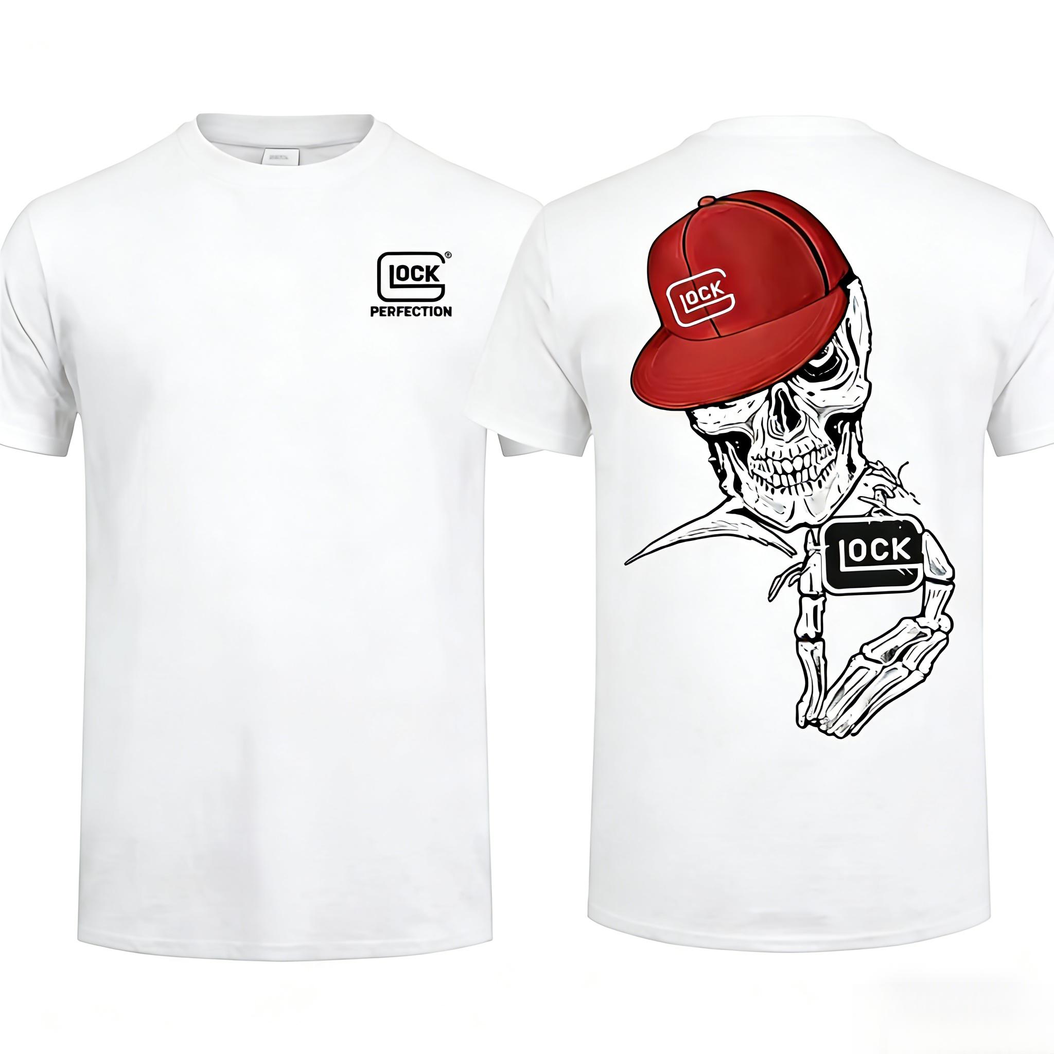 Skull Holding Glock Pistol Logo Double-Sided T-Shirt| Tactical Gun Enthusiast T-Shirt, Unisex Street Style