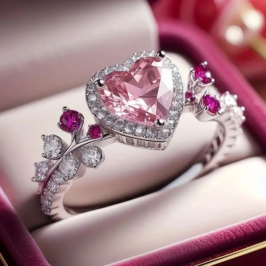 Heart-Shaped Pink Cubic Zirconia Ring for Women, Elegant 925 Silver Bridal Promise Jewelry with Sparkling Halo & Hypoallergenic Finish