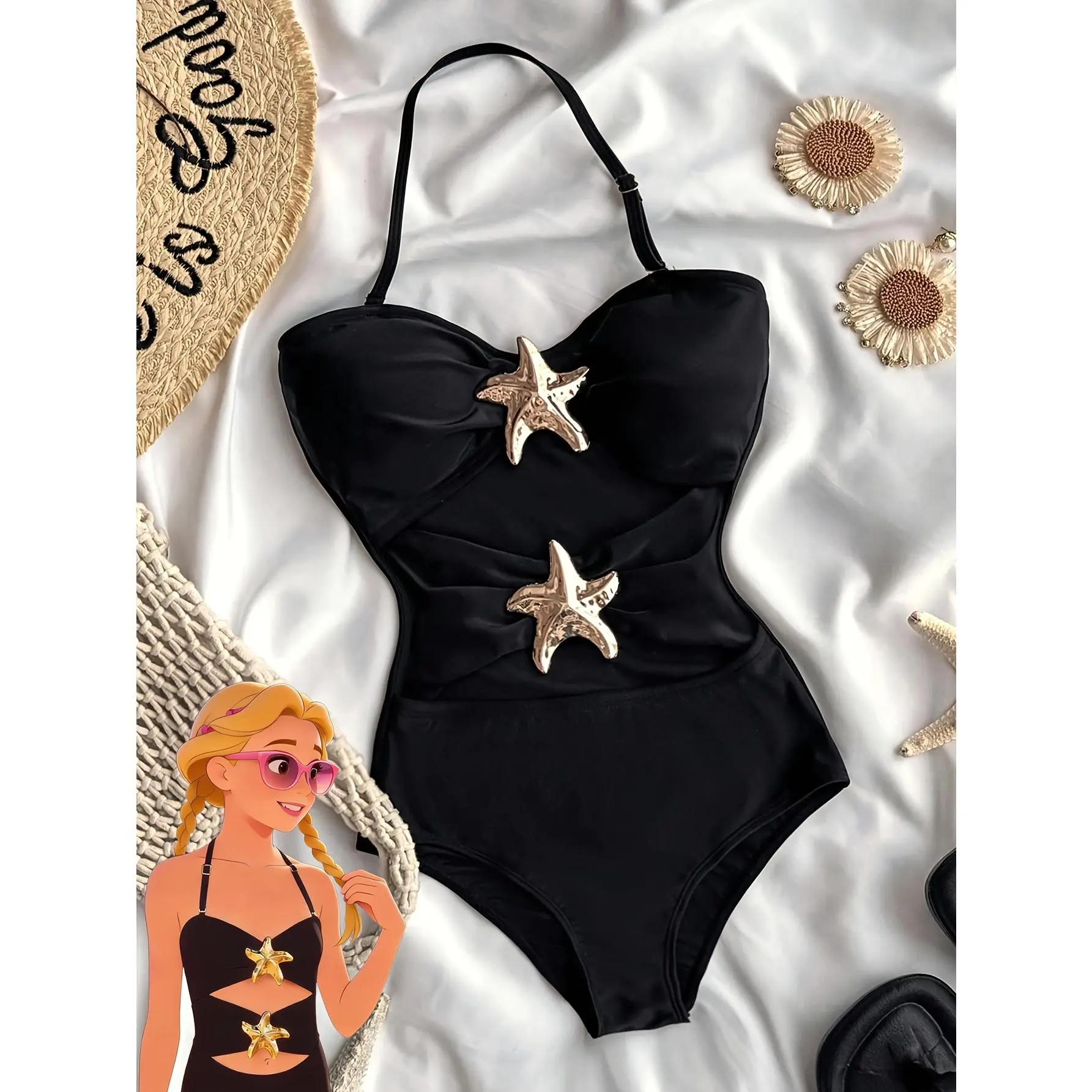 Girls' Black Swimsuit, 1-Piece Shell Pattern Polyester Beachwear, Slim-Fitting with Hollow-Out Cut, Swimming Wear, Body-Hugging, Multi-Size, Children, 15-16Y, One-Pieces