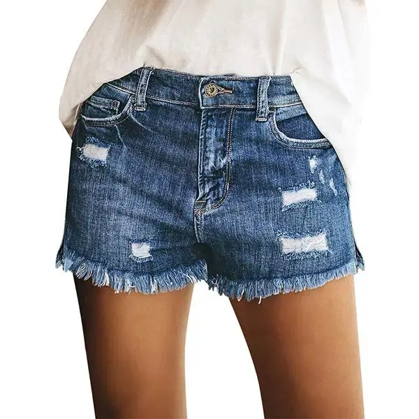 Women’s Stretch Mid Rise Denim Shorts, Casual Ripped Jean Shorts with Raw Hem, Basic Fitted Summer Bottoms