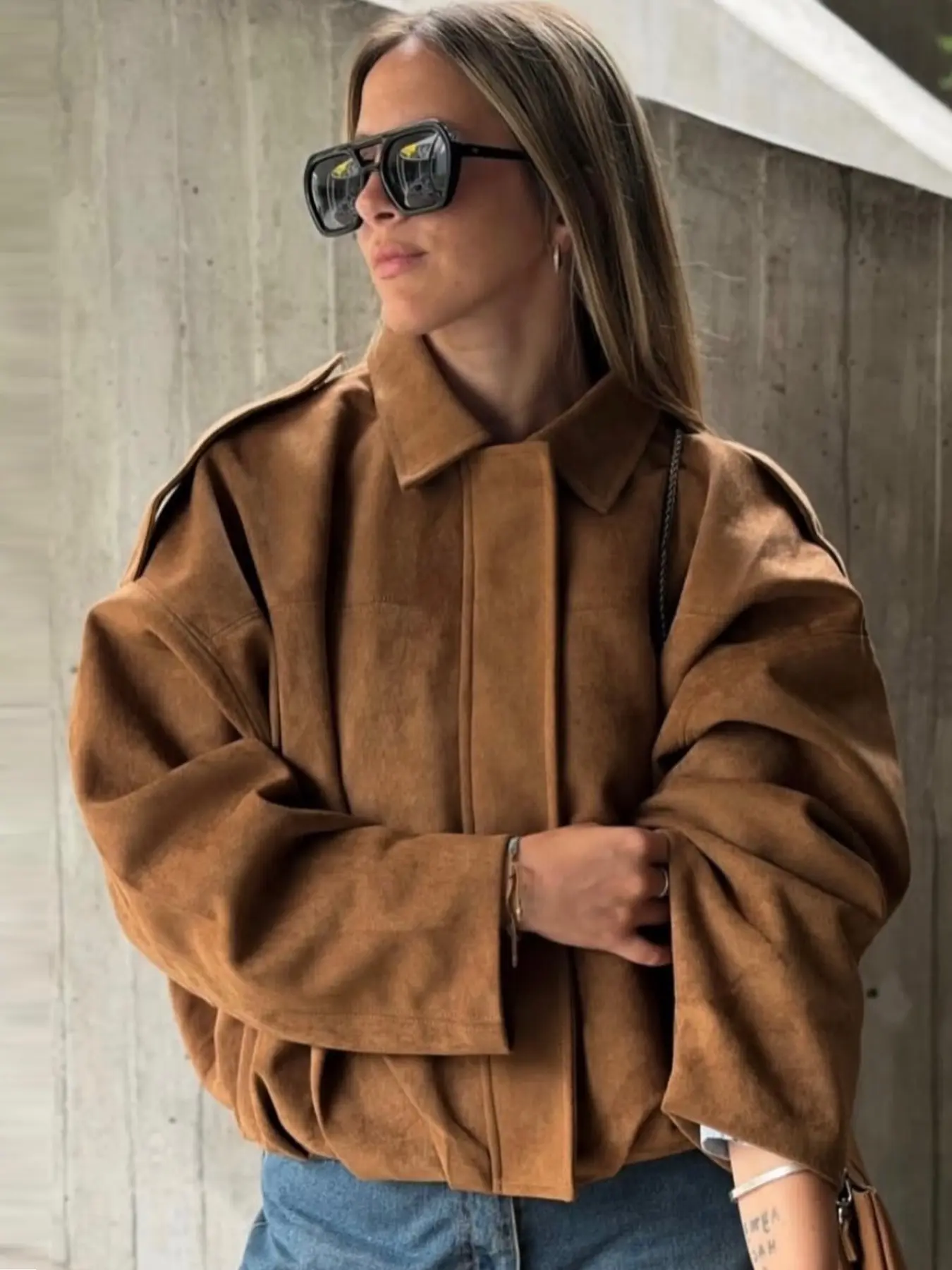 Women's Suede Cropped Oversized Jacket Women's Bomber Jacket Autumn Spring 2026 Black Burgundy Green Brown Loose Casual Coat Elegant Batwing Sleeve Zipper Outerwears Office Commute & Business Daily Wear Tops