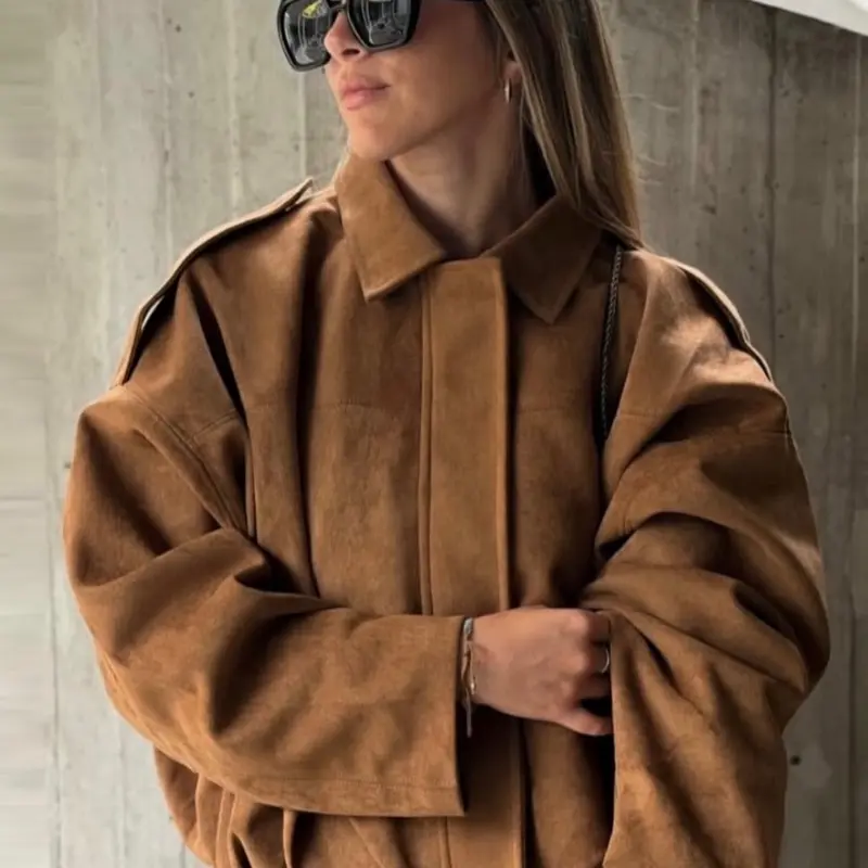 Women's Suede Cropped Oversized Baggy Jacket Women's Bomber Jacket Autumn Spring 2026 Black Burgundy Green Brown Loose Casual Coat Elegant Batwing Sleeve Zipper Outerwears Office Commute & Business Daily Wear Tops Casual Fashionable Outerwear
