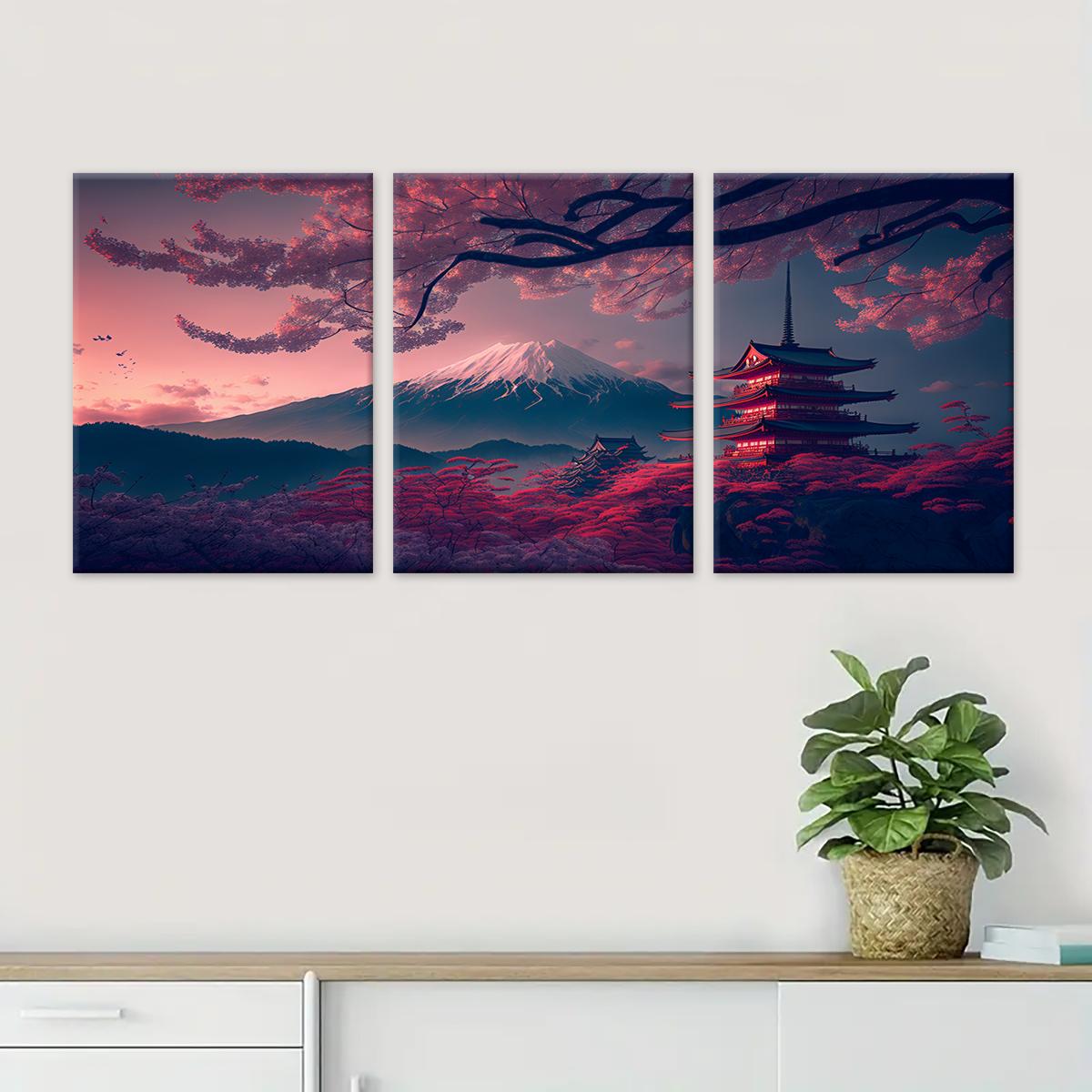Wooden Framed Canvas Painting, 1-3 Counts/set Water Proof Japanese Style Scenery Canvas Poster, Modern Art Wall Decoration, Home Wall Decor