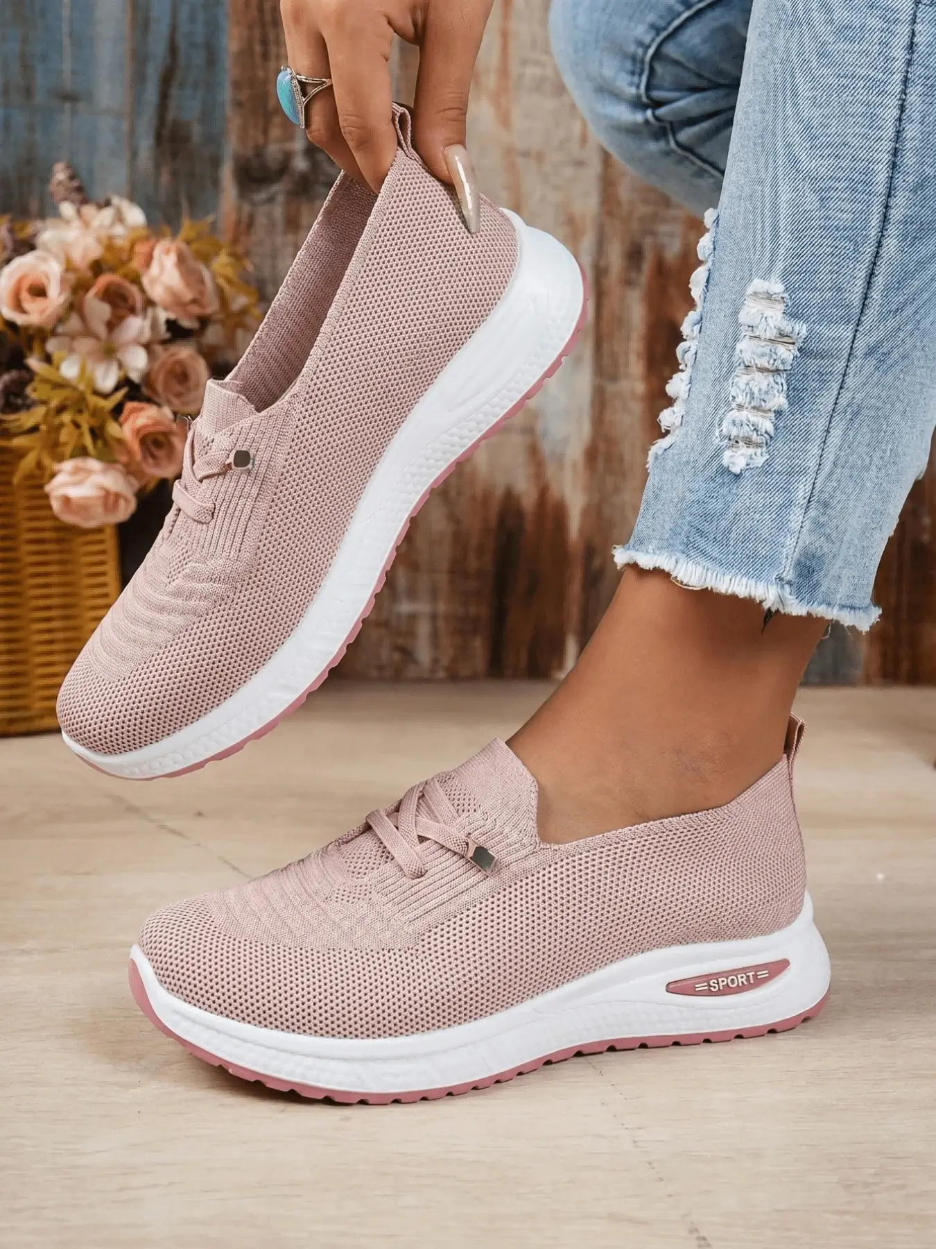 Women's Breathable Fly Knit Slip On Sneakers Adjustable Quick Lace Wedge Non Slip Casual Walking Sports Shoes Casual Sneaker Trainer