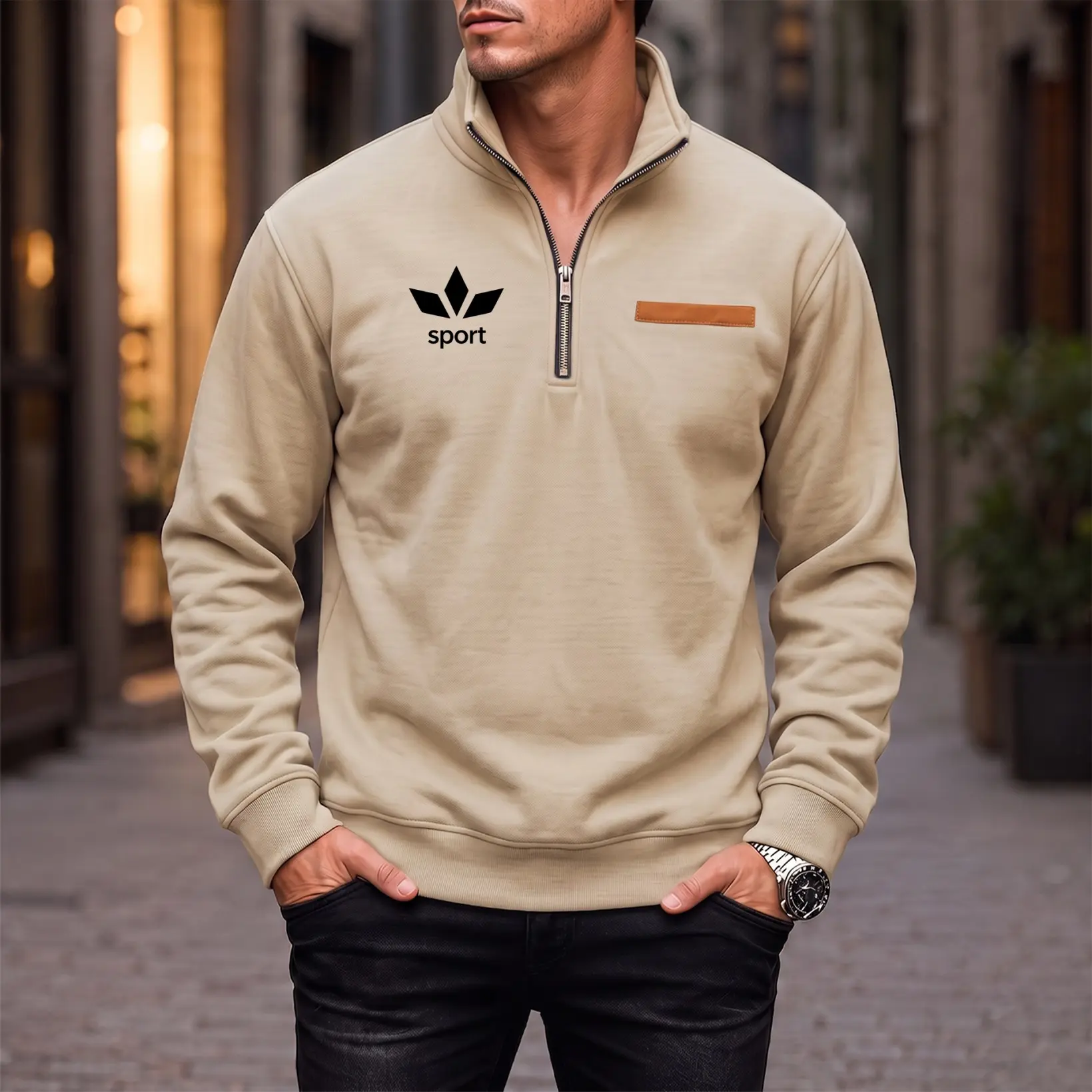 Men's Graphic Quarter-Zip Fleece-Lined Stand Collar Long Sleeve Soft Loose Stylish Menswear Pullover Sweatshirt, Warm Fall Winter Outdoor Tops for Daily Wear, Hiking, Longsleeves