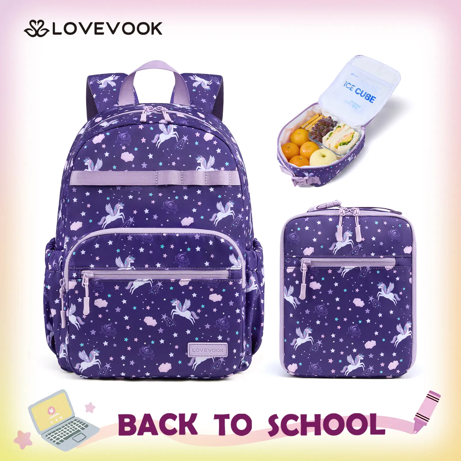 LOVEVOOK Unicorn Kids Backpack for Toddler Girls 4-10, with Lunch Box, Preschool Kindergarten Little Kids Student Backpack for Back to School, Cute Animal Bookbag, Elementary Daycare Pre K 1st Grade, TikTokShopBackToSchool