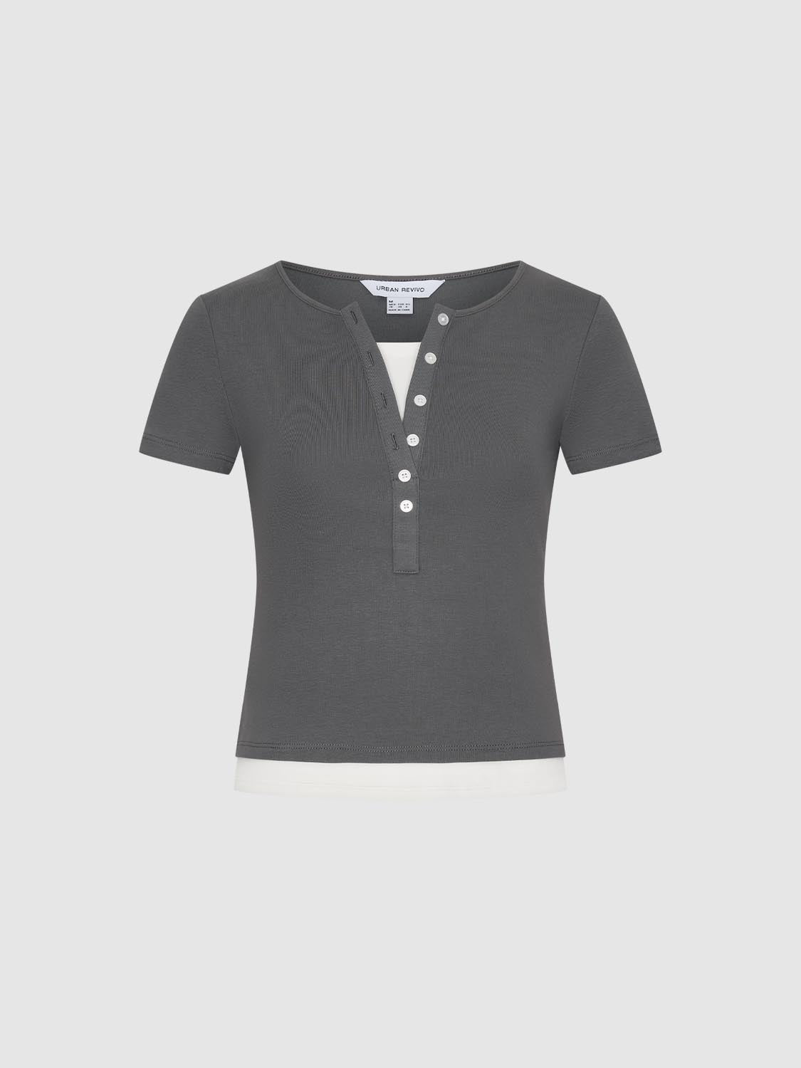 URBAN REVIVO 2026 Summer Women's Casual Color Block Henley Neck Fake Two-Piece Slim Fit T-Shirt UYY460131