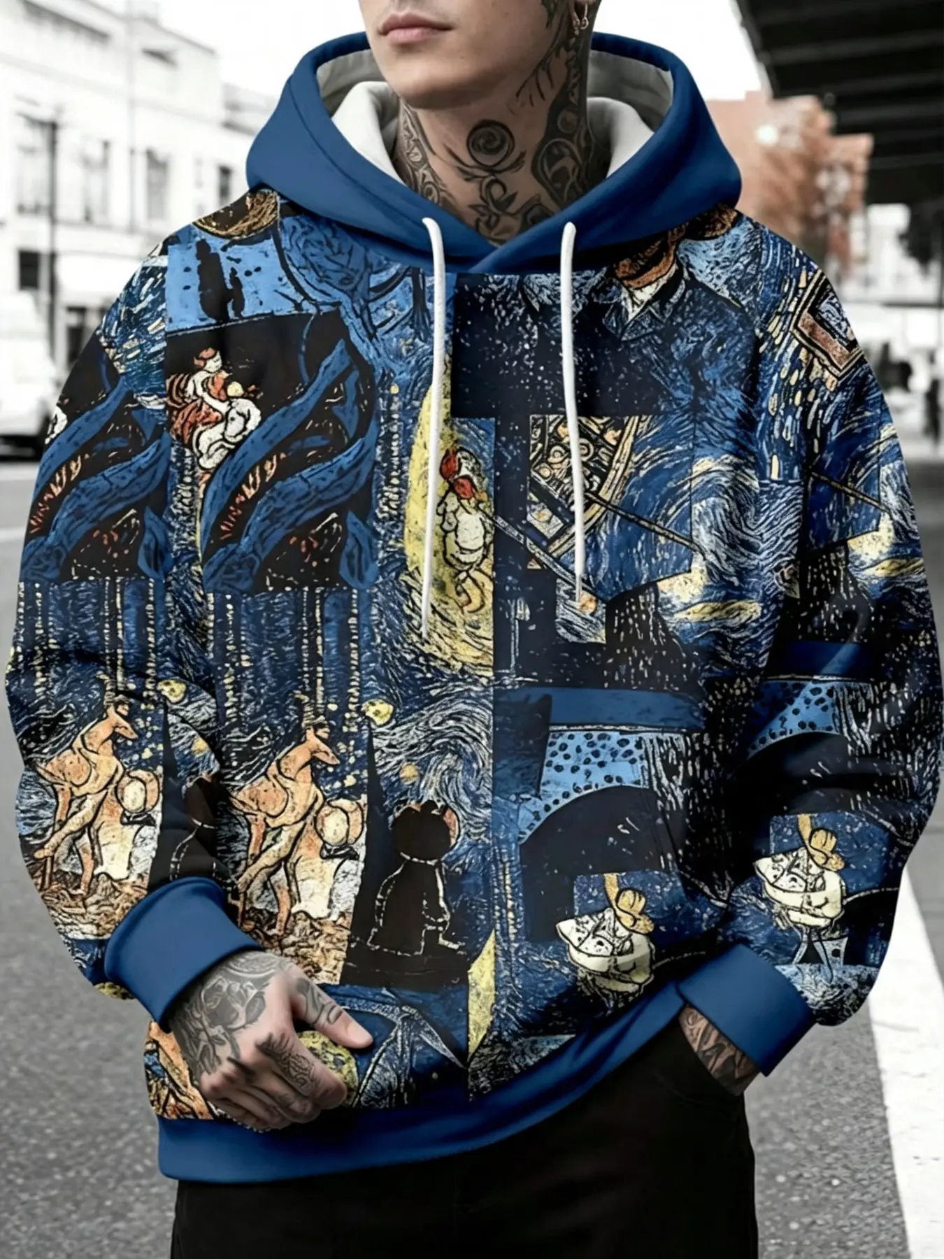 Van Gogh Starry Oil Painting Patchwork Print Hoodie, Artistic Style Loose Fashion Top