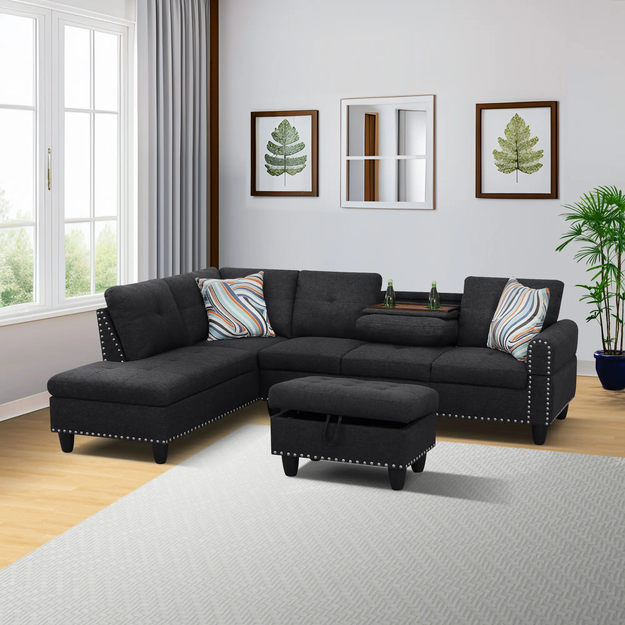 Black Tufted Arch L-Shape Sectional Sofa - 5-Seat Faux Leather Couch with Pull-Down Middle Seat, Cup Holders, Foam Cushions, Wood Frame, Nailhead Trim, Toss Pillows, Living Room Furniture Set, Tufted Sofa, Pull-Down Seat