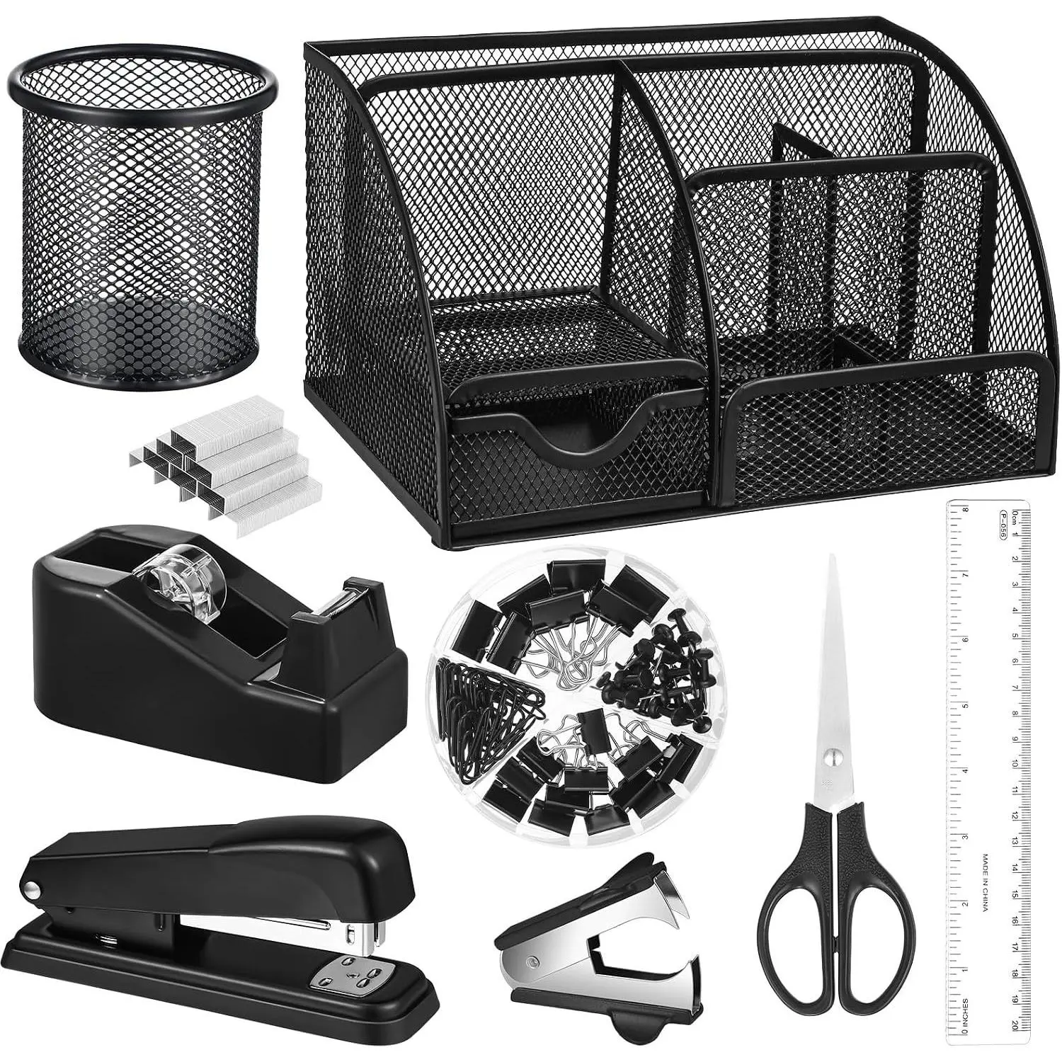 Black Desk Organizer and Accessories Office Supply Kit with Mesh Desktop Organizer, Stapler, 1000 Staples, Tape Dispenser, Pen Holder, Staple Remover, Clips, Ruler, Scissors