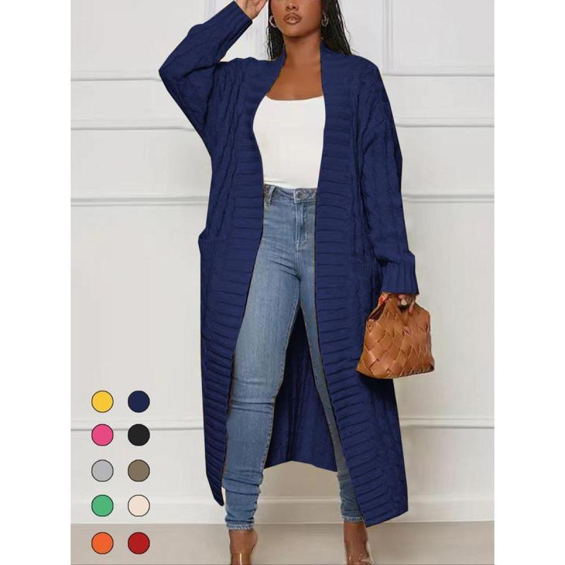 Women's Solid Color Textured Drop Shoulder Pocket Longline Cardigan, Casual Open Front Long Sleeve Knitwear for Fall & Winter, Women's Knit Clothing for Daily Wear, Lady Baggy Cardigans for Women, Womenswear, Casual Knit Top Can be used with a raincoat