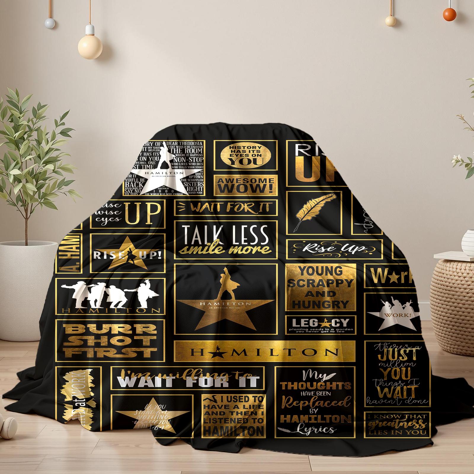 Hamilton Musical flannel blanket, ideal for bedrooms, sofas, and offices, featuring a logo patchwork pattern, suitable for all seasons.