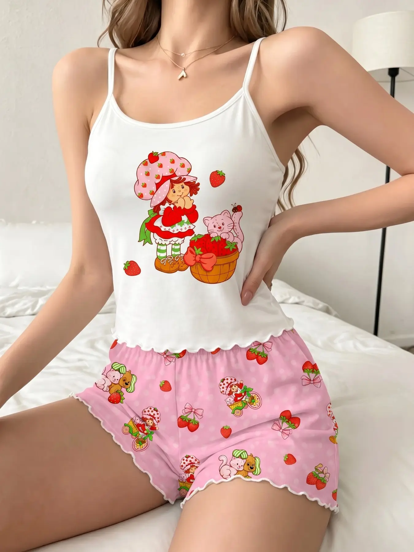 Summer Women's Pajama Set 2-Piece Camisole Panties Set, Sleeveless Casual Fitted Sleepwear, Strawberry Girl Print, Comfortable Home, Loungewear