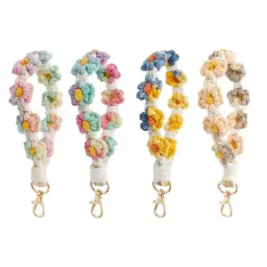 Wristlet Keychain Flower Macrame Key Fob Strap Wrist Lanyard Bracelet Car Key Chain Ring Holder Boho Floral Daisy Cute Gift