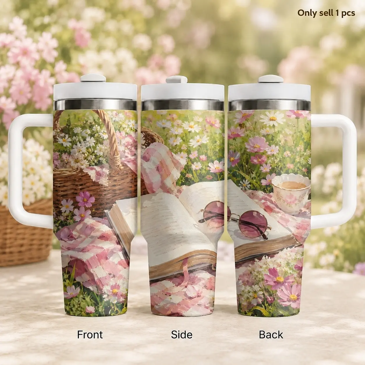 Picnic Basket Wildflower Meadow 40oz Tumbler, Floral Stainless Steel Insulated Cup with Handle & Straw Lid, Travel Cup for Coffee, Water, Outdoor Picnics, Garden Days, Camping Trips and Nature Lovers Gift