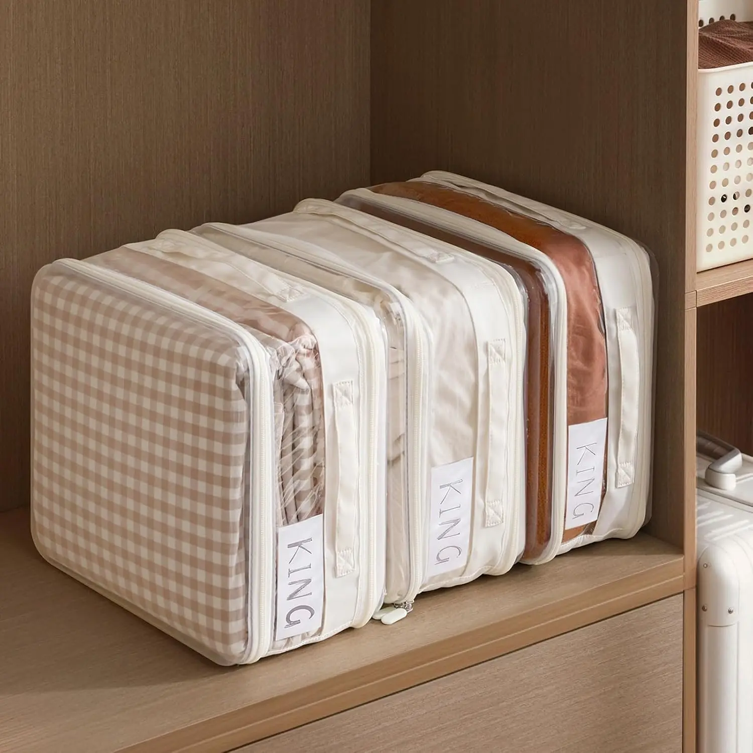 3 Pack Sheet Organizers And Storage, Double Side Clear Hard Shell Window. Expandable Blanket Storage Bags, Large Stackable Closet Storage Bins.