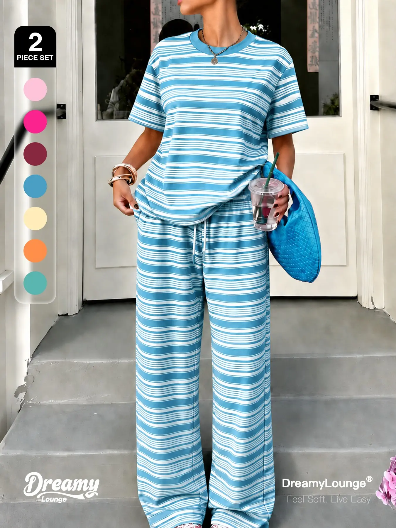 | 2-Piece Set | DreamyLounge Women’s Striped T Shirt and Wide Leg Pants 2 Piece Loungewear Set, Soft Short Sleeve Tee with Drawstring Relaxed Pants, Multi Color Options for Casual Homewear, Coffee Run, Travel and Everyday Comfort