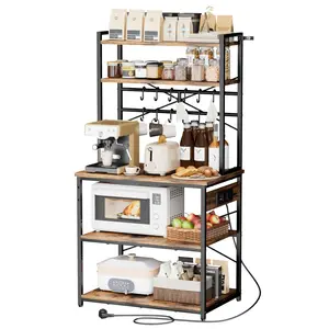 【DealsForYouDays】VEVOR Kitchen Bakers Rack, 5 ft Power Cable Bakers Rack with Power Outlet, Kitchen Stand with X-Shaped Support Bar, 12 S-Shaped Hooks, Coffee Bar Stand for Dishes, Spice Bottles, Built-In Power Strip