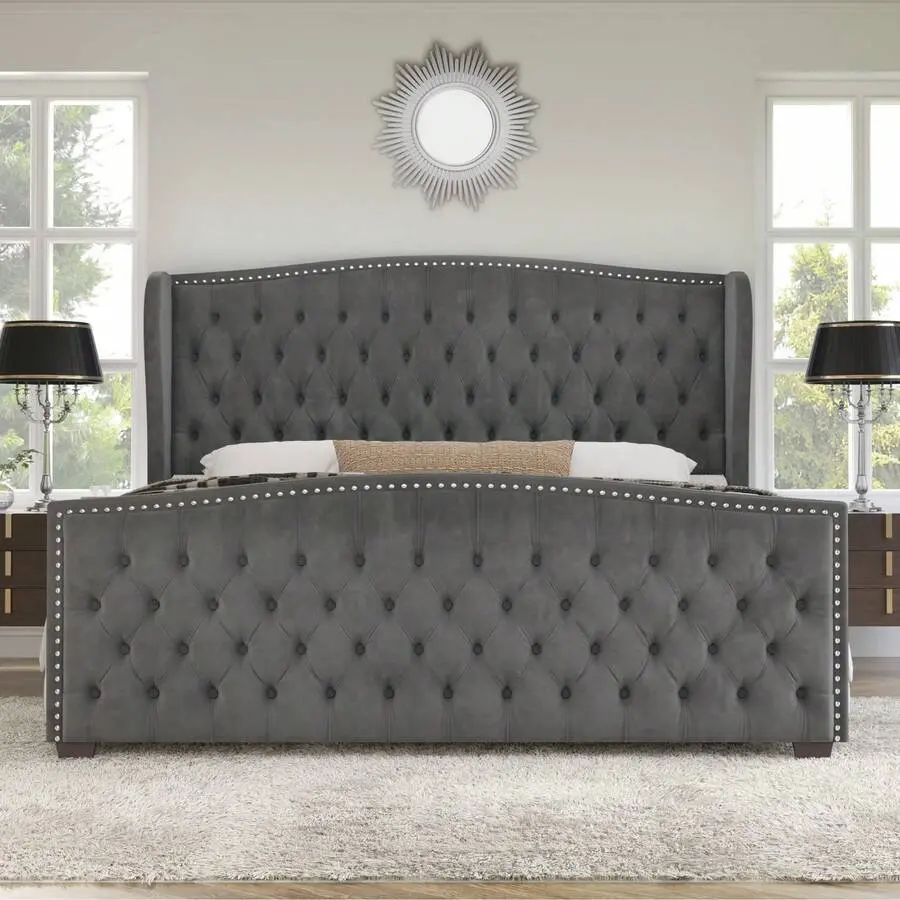 Queen/King/California King Size Velvet Upholstered Platform Bed Frame With Handmade Wingback Headboard, Button Tufted And Nailhead Design, Wooden Slats Support For Bedroom Furniture