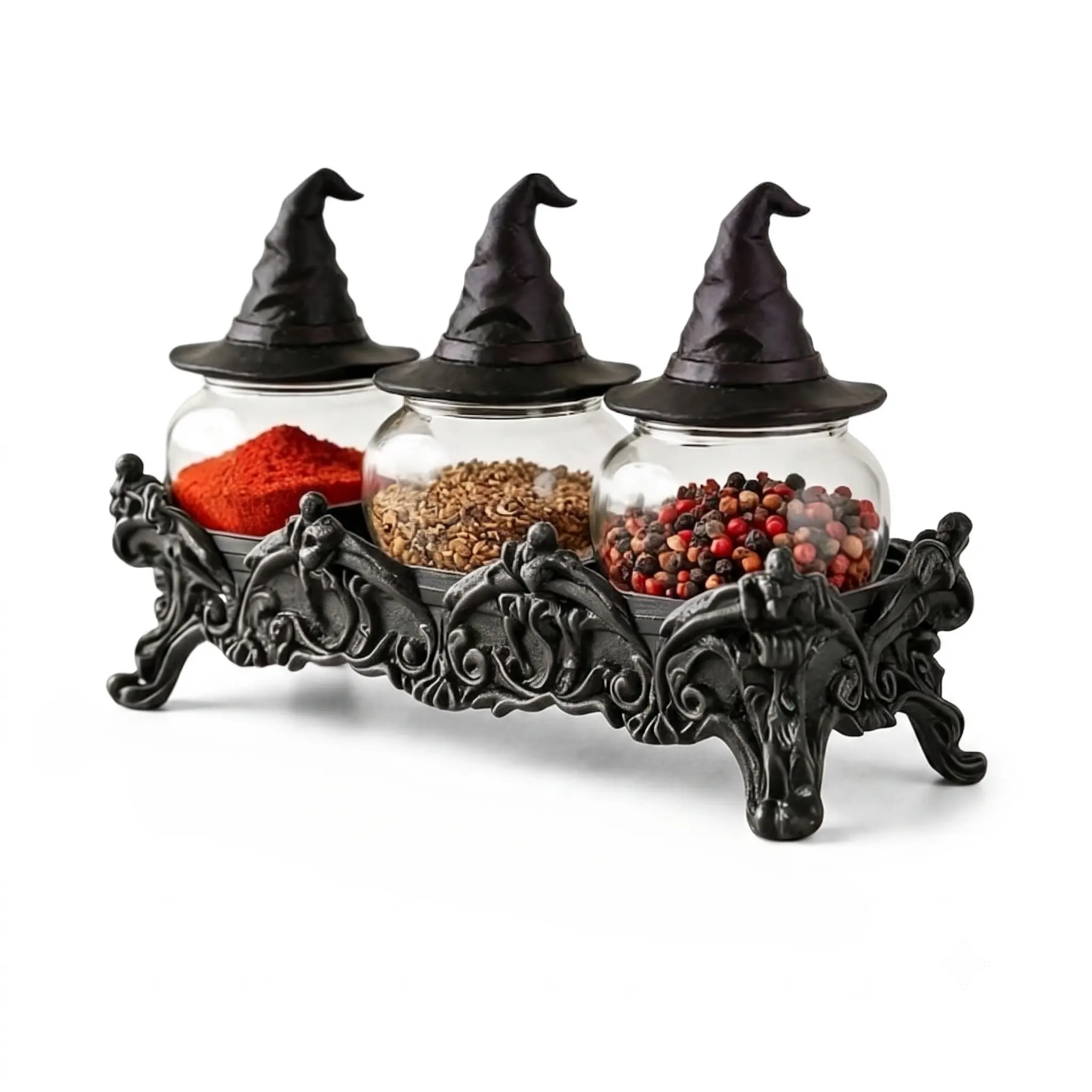 3 Pack Wizard Shaped Spice Jars Handmade Vintage Glass Seasoning Containers with Unique Lids Spooky Cute Kitchen Counter Pantry Decor Mystery Wizard Statues Halloween Christmas Holiday Ornament Gift Set