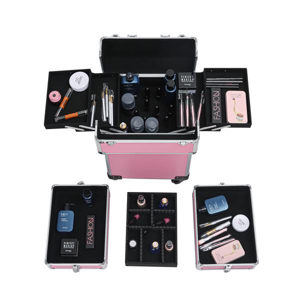 4 In 1 Aluminum Makeup Case Pink, Professional Cosmetic Storage Box for Makeup Tools Brushes and Accessories, Portable Beauty Organizer for Travel and Home Use