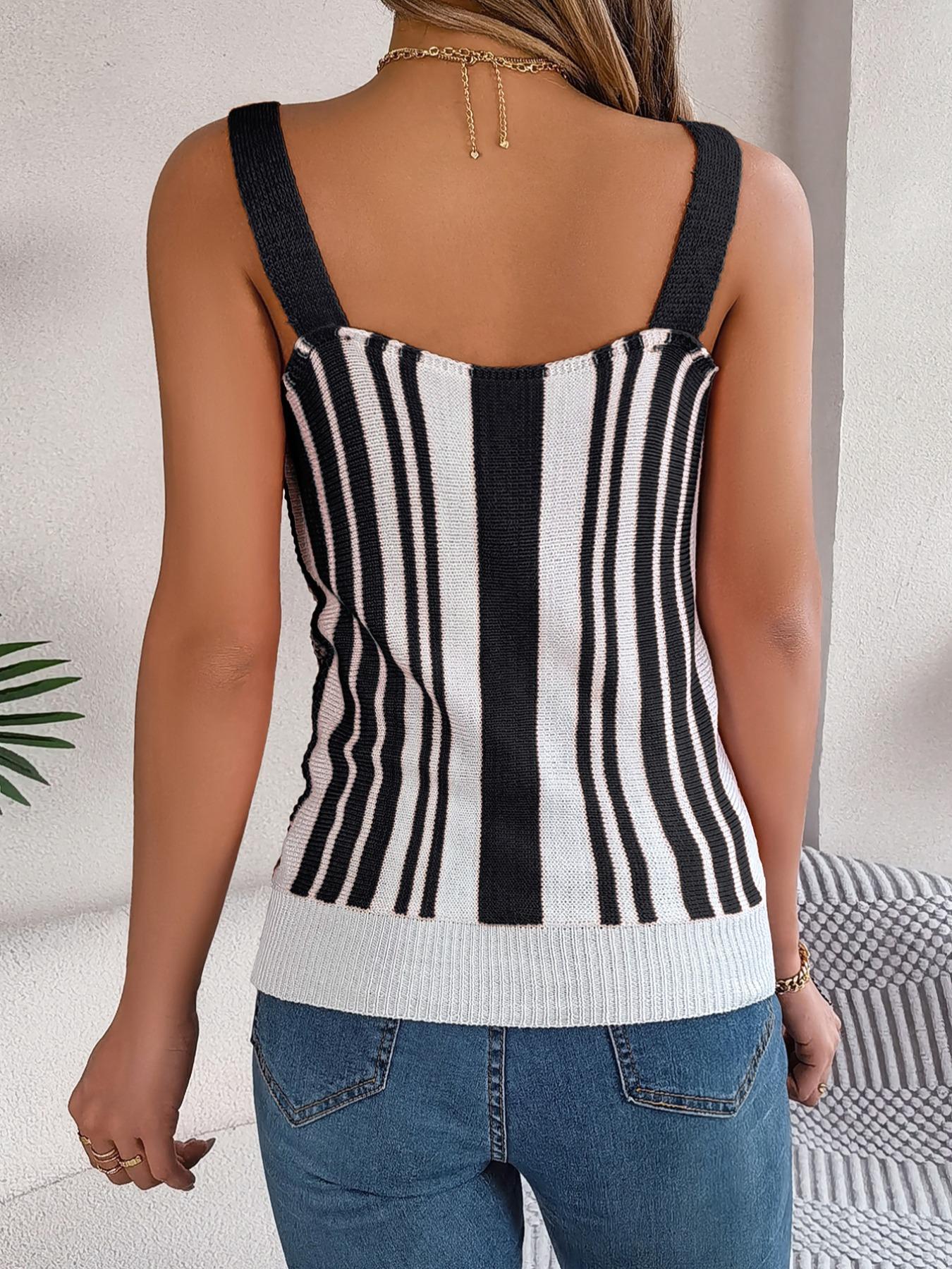 Women's Colorblock Striped Print Fake Buttons Hollow Out Sweater Vest, Casual Sleeveless Straps Knit Top for Summer, Ladies Clothes for Daily Wear