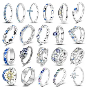 Blue Eyes Wedding Ring For Women 925 Original Silver Zircon Hand of Fatima Star Wishbone Ring Rings Anniversary Jewelry Gift