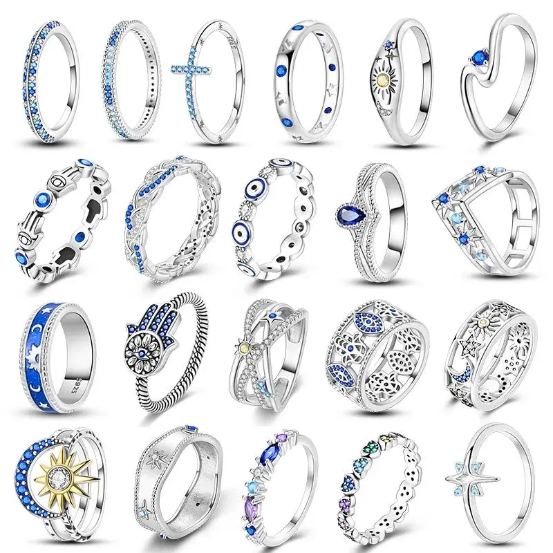 Blue Eyes Wedding  For Women 925 Original  Zircon Hand of Fatima Star Wishbone   Anniversary Jewelry Gift set,womens gifts Sterling Plated Sapphire Promise  aot