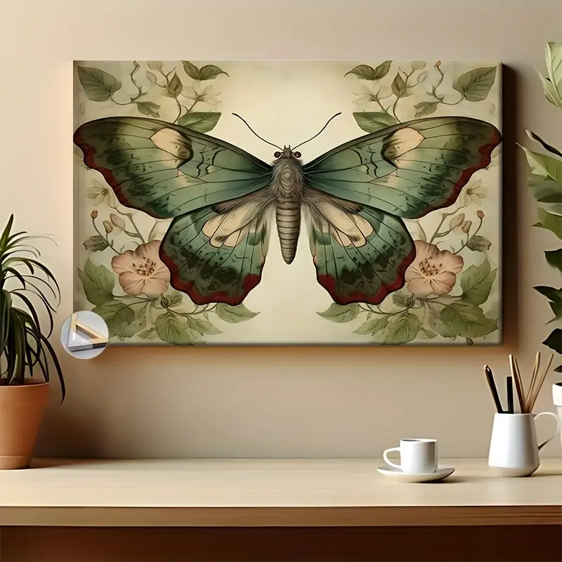 1Pc Multi-Size 2D Flat Bohemian Sage Green Vintage Butterfly Print Artistic Wall Art - 1-Piece Floral Accent Wall Arts, Woodland Pastoral Room Decor, Ready to Hang, Thoughtful Gift, Shockproof Packaging, One-Piece