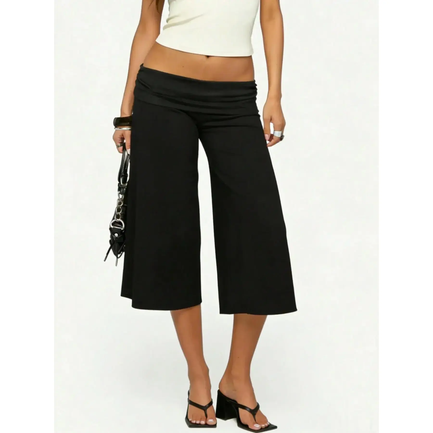 Soft Girl Fold Over Low Waist Stretch Capri Wide Leg Culottes Solid Black Ruched Front Loose Loungewear Stretchy Pants Bottom great for home relaxation casual dinner dates indoor layering and all-day comfy everyday wear