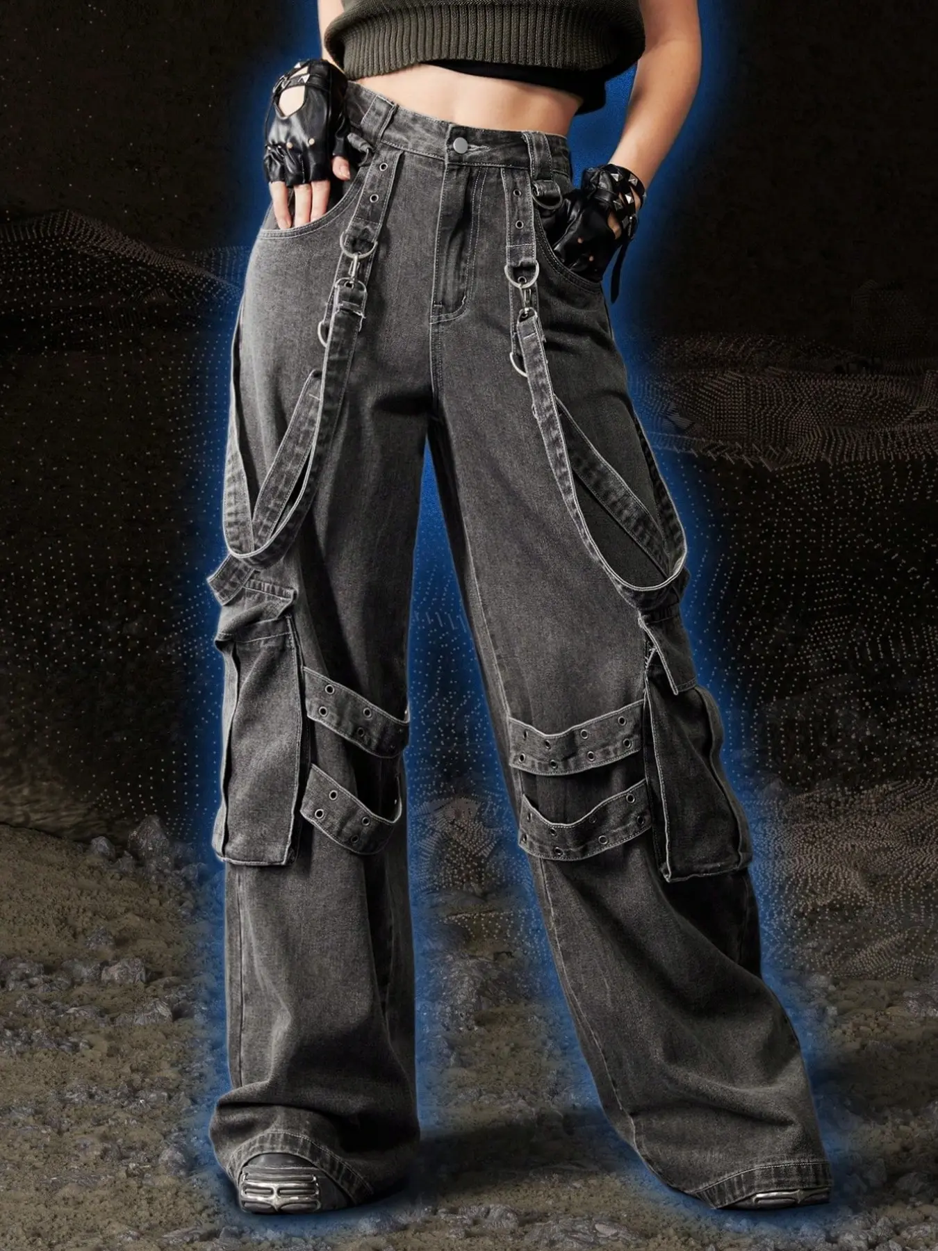 Y2K Gothic Windproof Tie-Strap Multi-Pocket Distressed Workwear Wide-Leg Jeans, Loose-Fitting, All Seasons, Solid Pattern