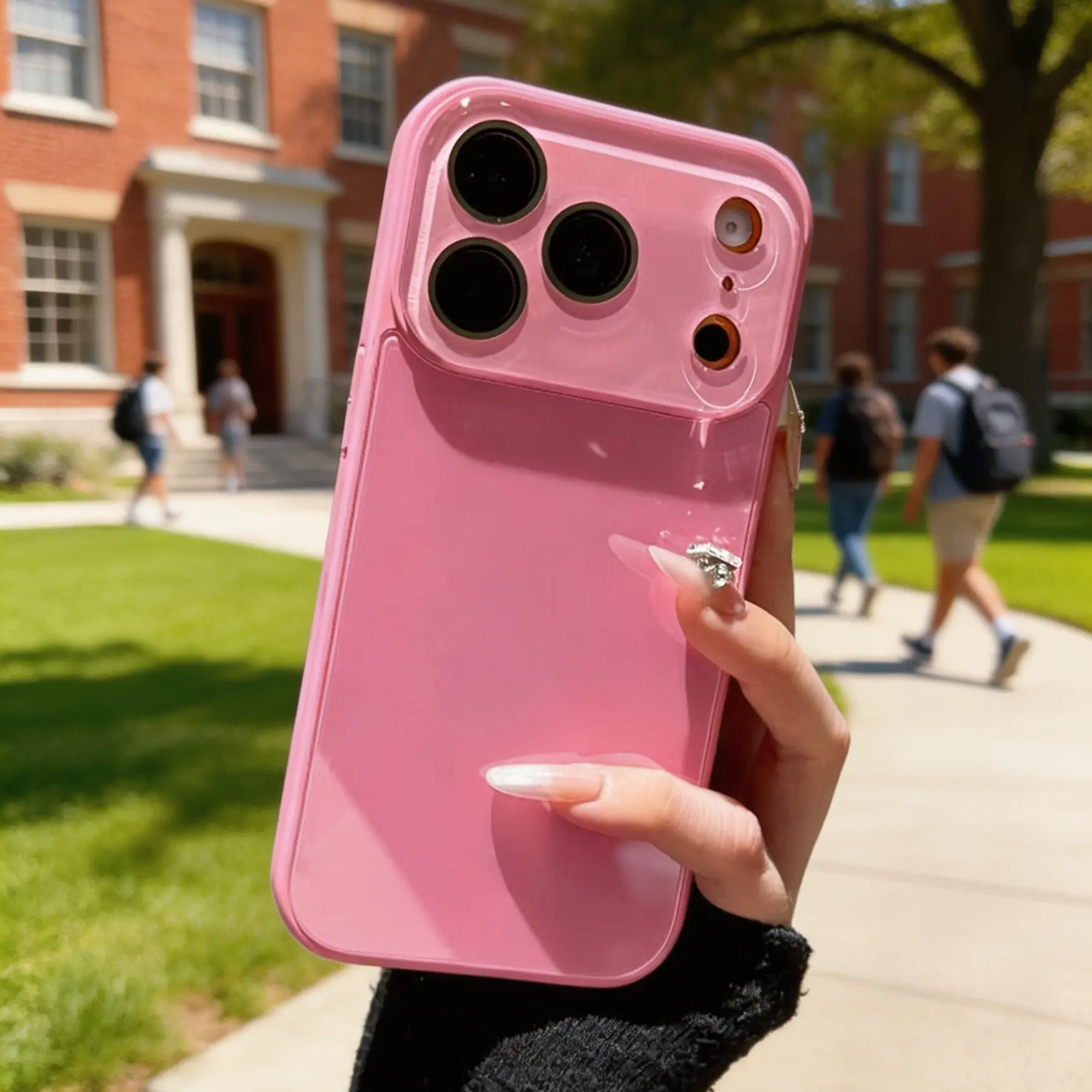 Glossy Solid Barbie Pink Phone Case for iPhone 17 16 15 14 13 Pro Max Plus 12Pro 13mini 16E 17E Air , Built-in Gold Camera Lens Protector, Shiny Hard Mirror Surface Shockproof Protective Cover for Women Girls Cute Candy Color