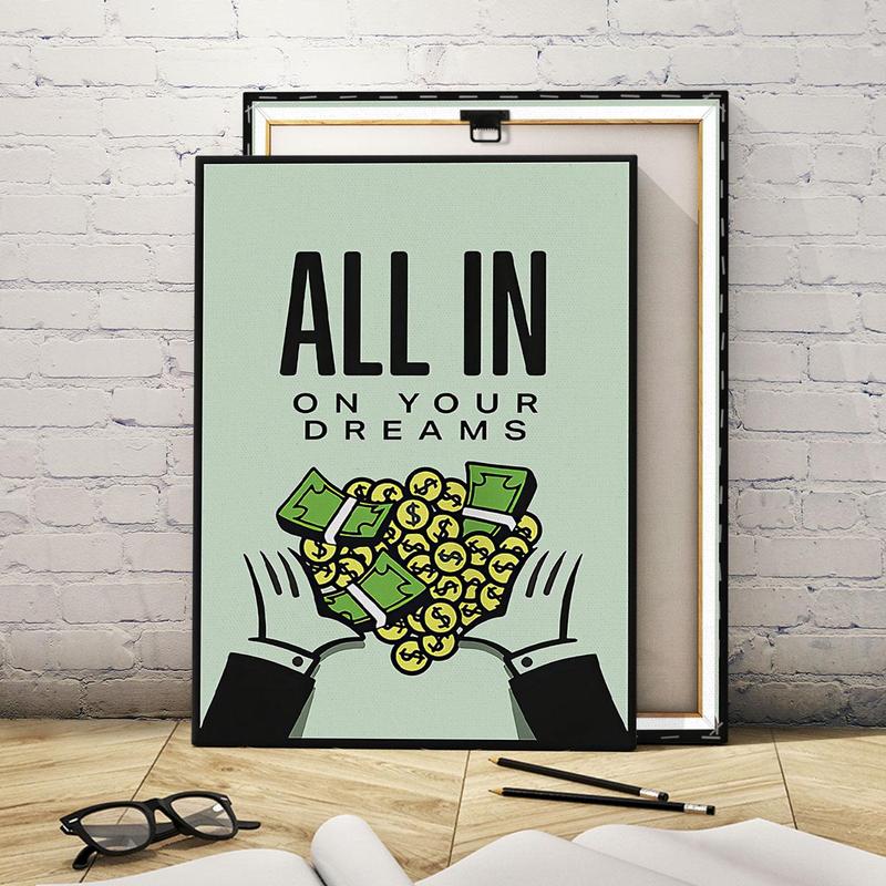 Money & Letter Pattern Painting with Wooden Frame, 1 Count Modern Canvas Wall Art, Unique Artwork, Wall Decor for Home Living Room Bedroom Office