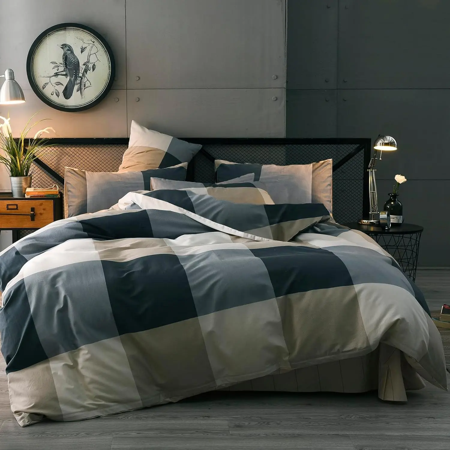Twin XL Comforter Set Men Boys Geometric Checkered Plaid Printed Bedding Comforter for All Season Soft Lightweight Bedding Set-Twin XL Size