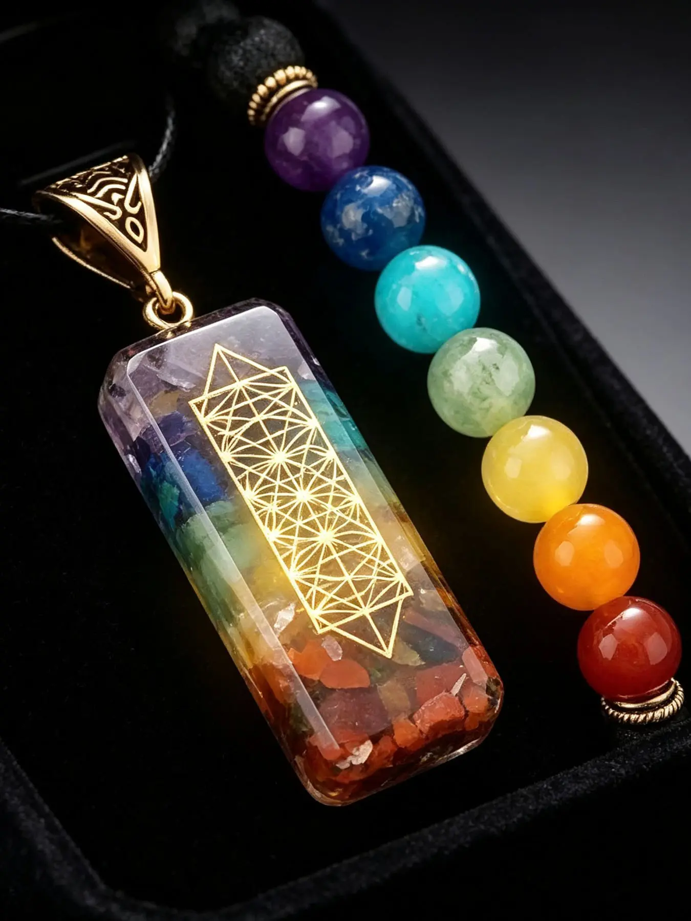 4pcs Life Flower Chakra Crystal Set, Rectangular Pendant & Rainbow Bracelet, Natural Crystals for Daily Wear or Meditation, Inner Vitality