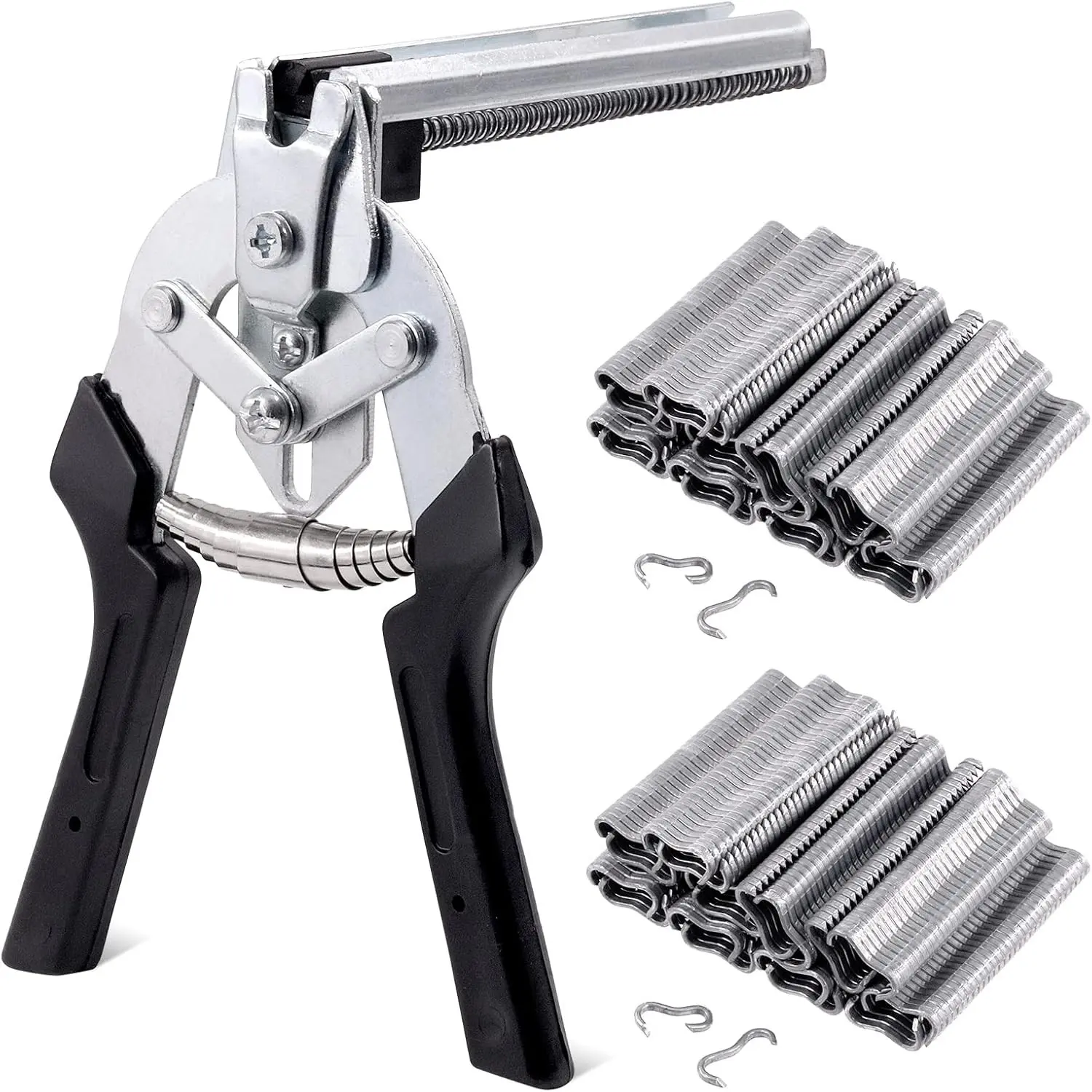 Tanstic 600Pcs Type M Hog Nail Ring Pliers Kit, including Hog Ring Pliers Hand Tools Clamp Upholstery Installation Repair Hand Tools with 600Pcs M Clips Galvanized Steel Nails for Fence Fastening Multiple Uses Quick Clamping