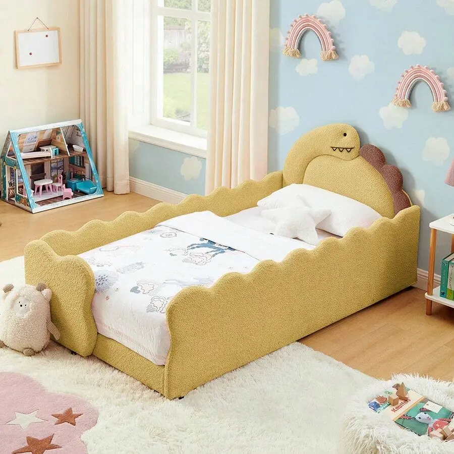 Twin Size Dinosaur-Shaped Upholstered Bouclé Floor Bed Frame, 3D Dinosaur-Shaped Headboard Platform Bed with Padded Raised Guardrails, Solid Wood Slats, Reinforced Metal Frame, Space-Saving for Small Bedrooms, Apartments